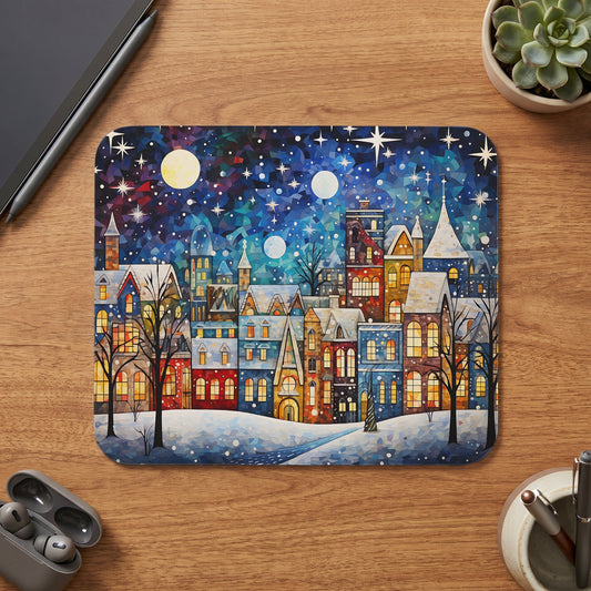 Winter village scene under starry sky with moons and snow.
