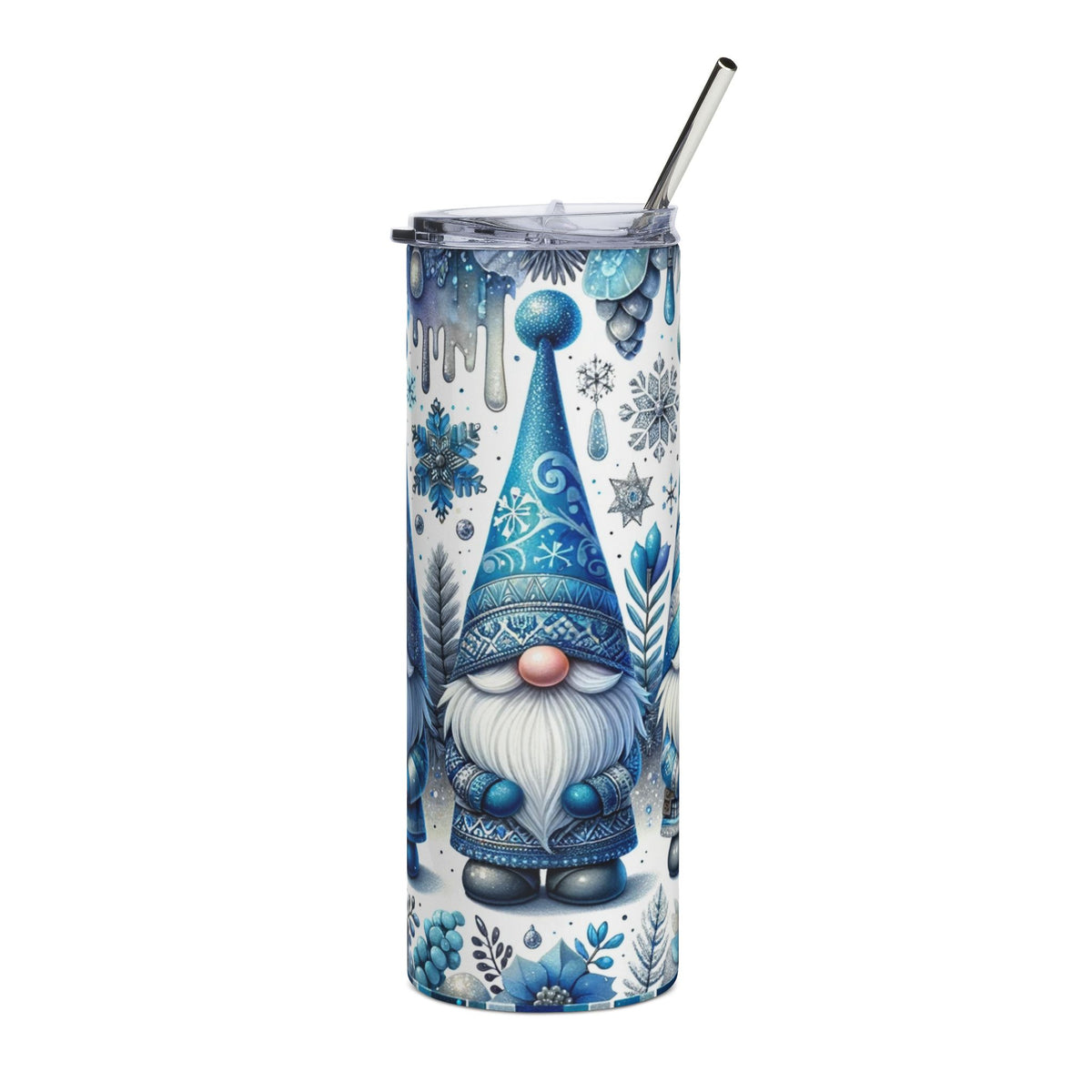 Tall tumbler with a blue gnome and winter snowflake pattern.
