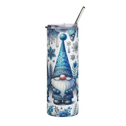 Tall tumbler with a blue gnome and winter snowflake pattern.