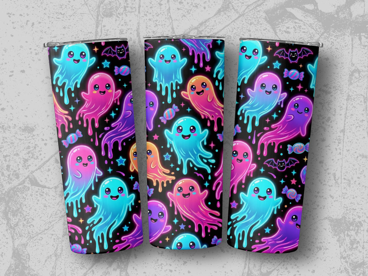 Three tumblers with a neon ghost and candy Halloween pattern on a textured gray background.