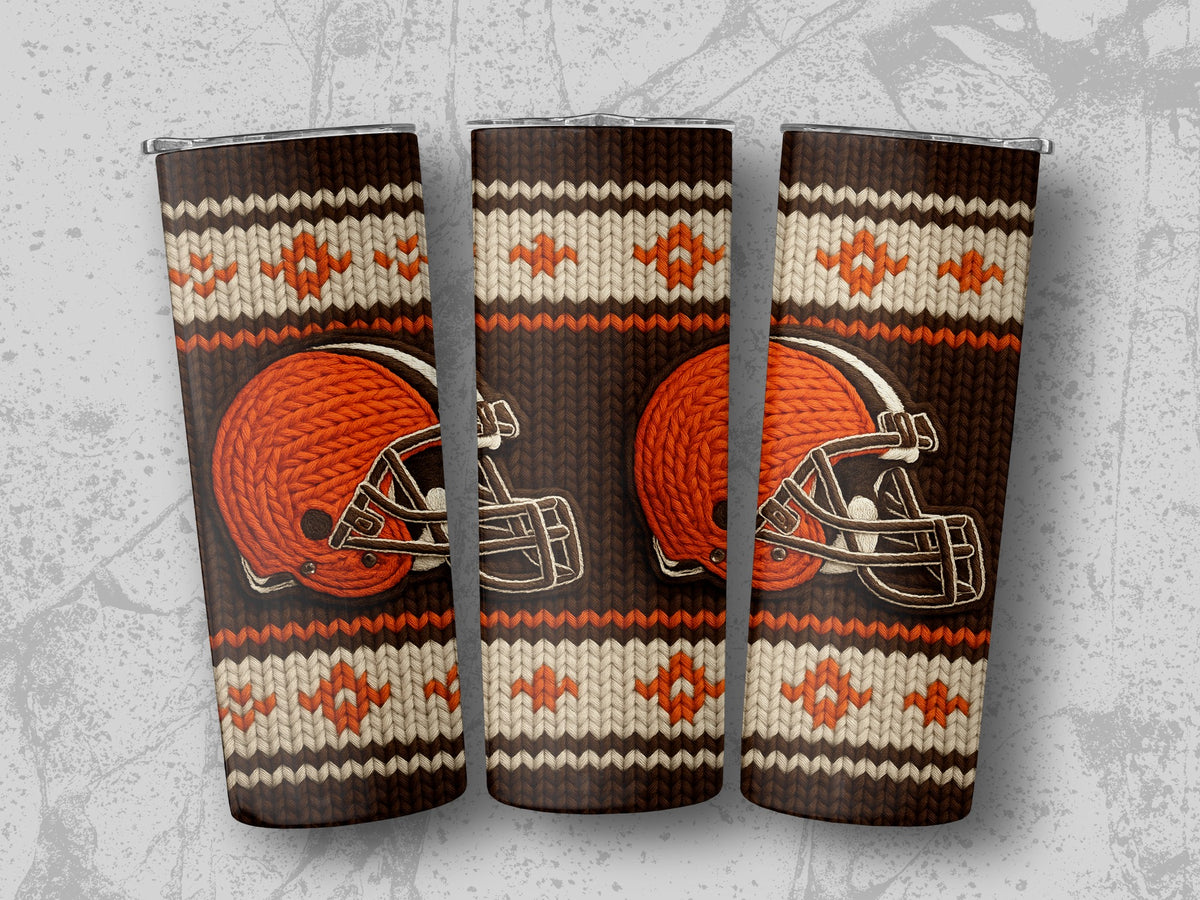 Browns helmet on a brown, cream, and orange knitted pattern tumbler.