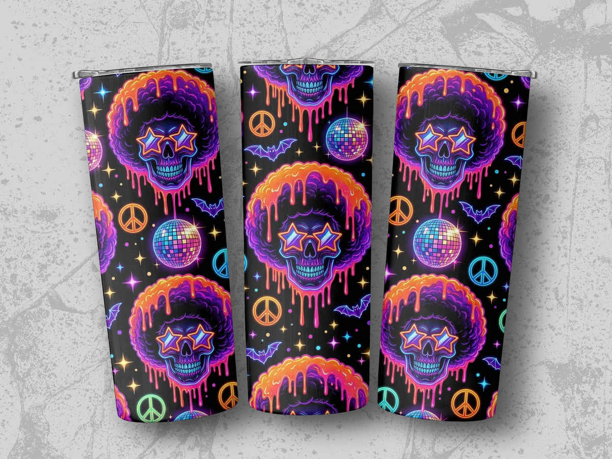 Tumbling skulls with afro wigs, star sunglasses, and melting details on a black background.