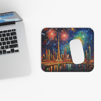 Mousepad with Dubai skyline and fireworks illustration, next to a laptop.
