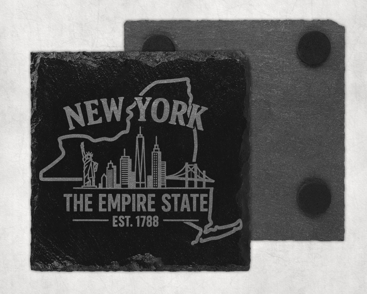 New York slate coaster with skyline, Statue of Liberty, and "The Empire State Est. 1788" text.
