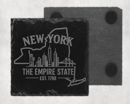 New York slate coaster with skyline, Statue of Liberty, and "The Empire State Est. 1788" text.