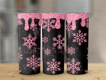 Three tumblers with pink glitter drips and snowflakes on a black background.