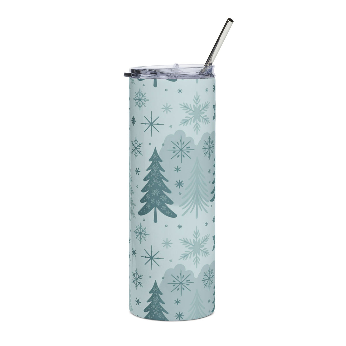 Light blue tumbler with repeating pattern of snowflakes and pine trees, featuring a metal straw.