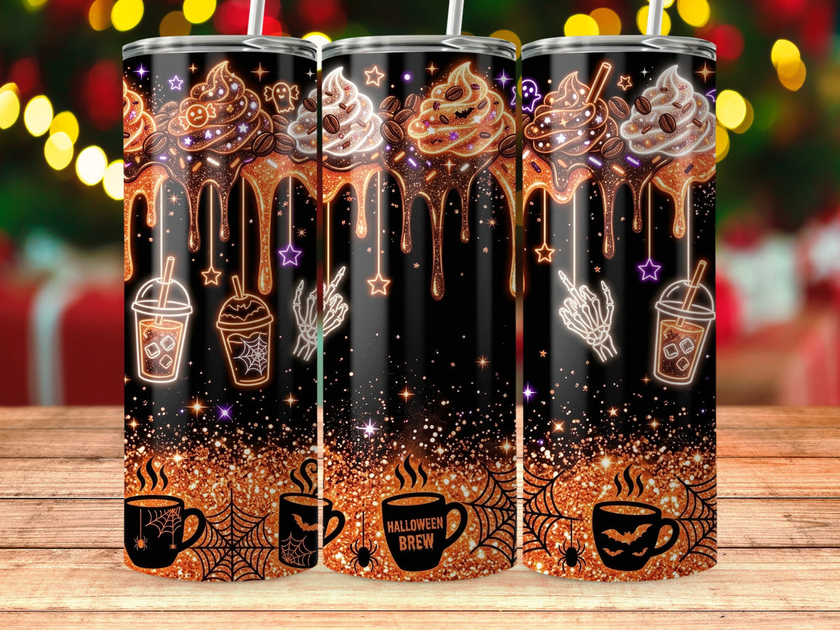 Three tumblers with Halloween coffee-themed designs, glitter, and the words "Halloween Brew".