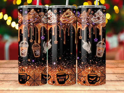 Three tumblers with Halloween coffee-themed designs, glitter, and the words "Halloween Brew".