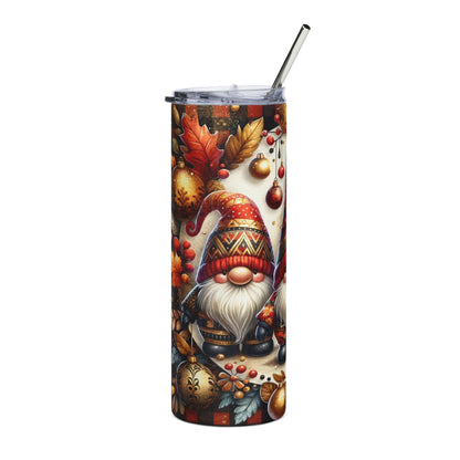Tumbler with gnomes, autumn leaves, and holiday ornaments, featuring a plaid background.