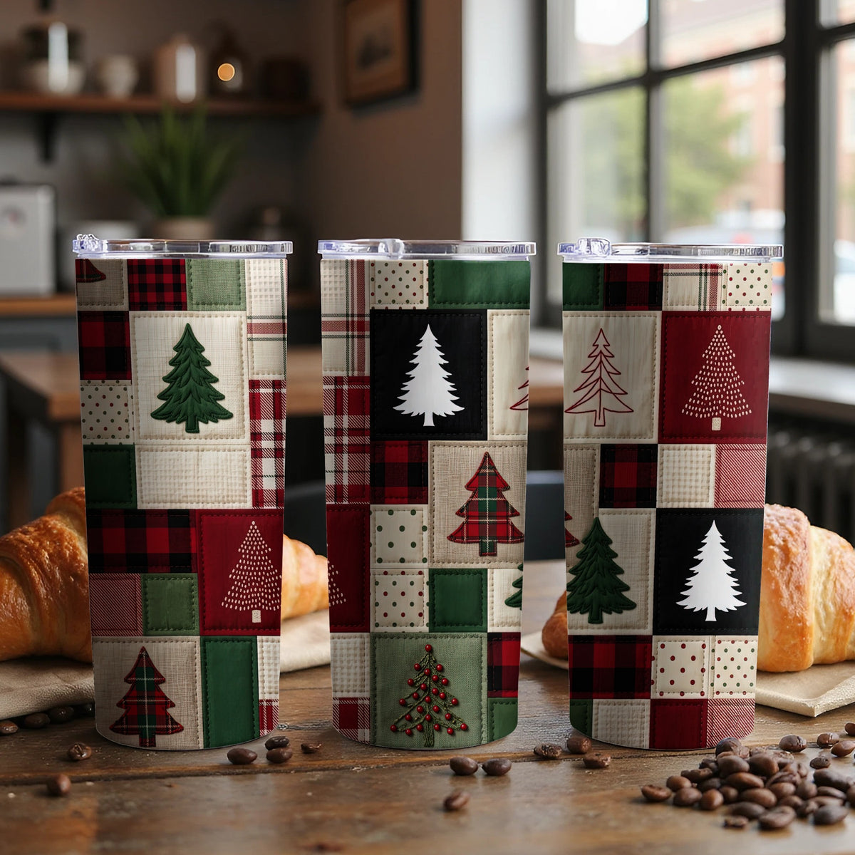 Three tumblers with Christmas tree designs in a patchwork pattern.