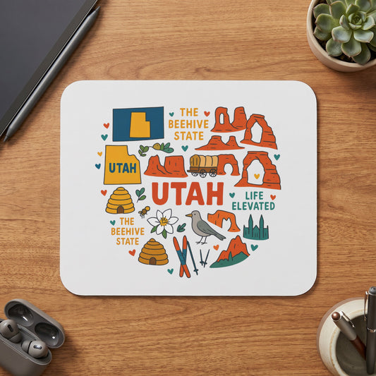Mousepad with "Utah" and "The Beehive State" text and icons of state landmarks.