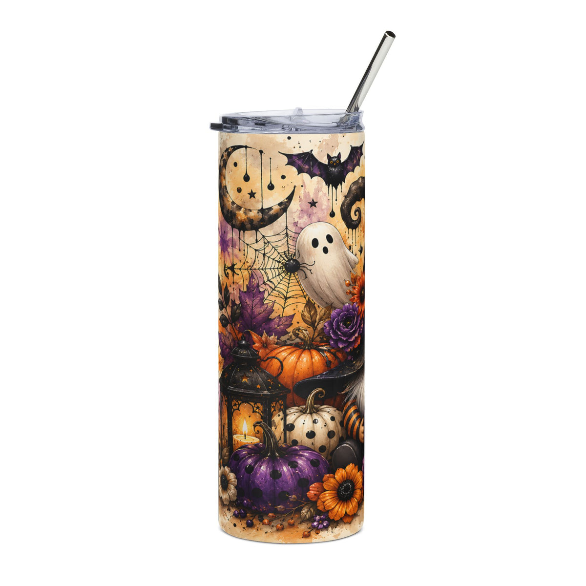 Halloween tumbler with pumpkins, ghost, bats, moon, and spooky floral designs.