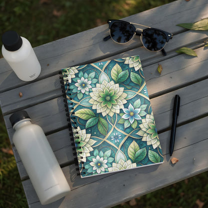 Notebook with a floral pattern and two water bottles and sunglasses on a bench.