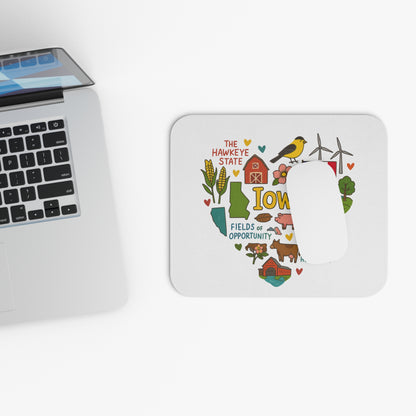 Mousepad with heart-shaped Iowa icons: corn, barn, pig, cow, bridge, wind turbines, bird.