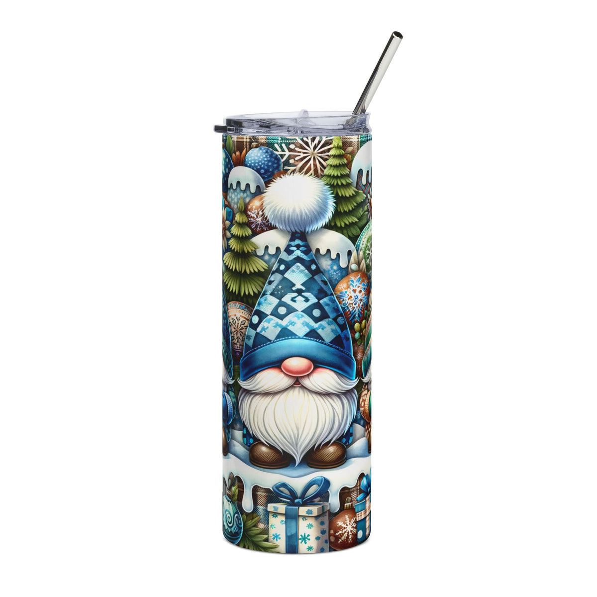 Tumbler with a Christmas gnome, trees, ornaments, and gifts design.