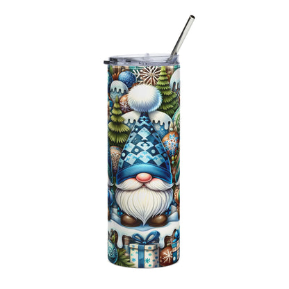 Tumbler with a Christmas gnome, trees, ornaments, and gifts design.