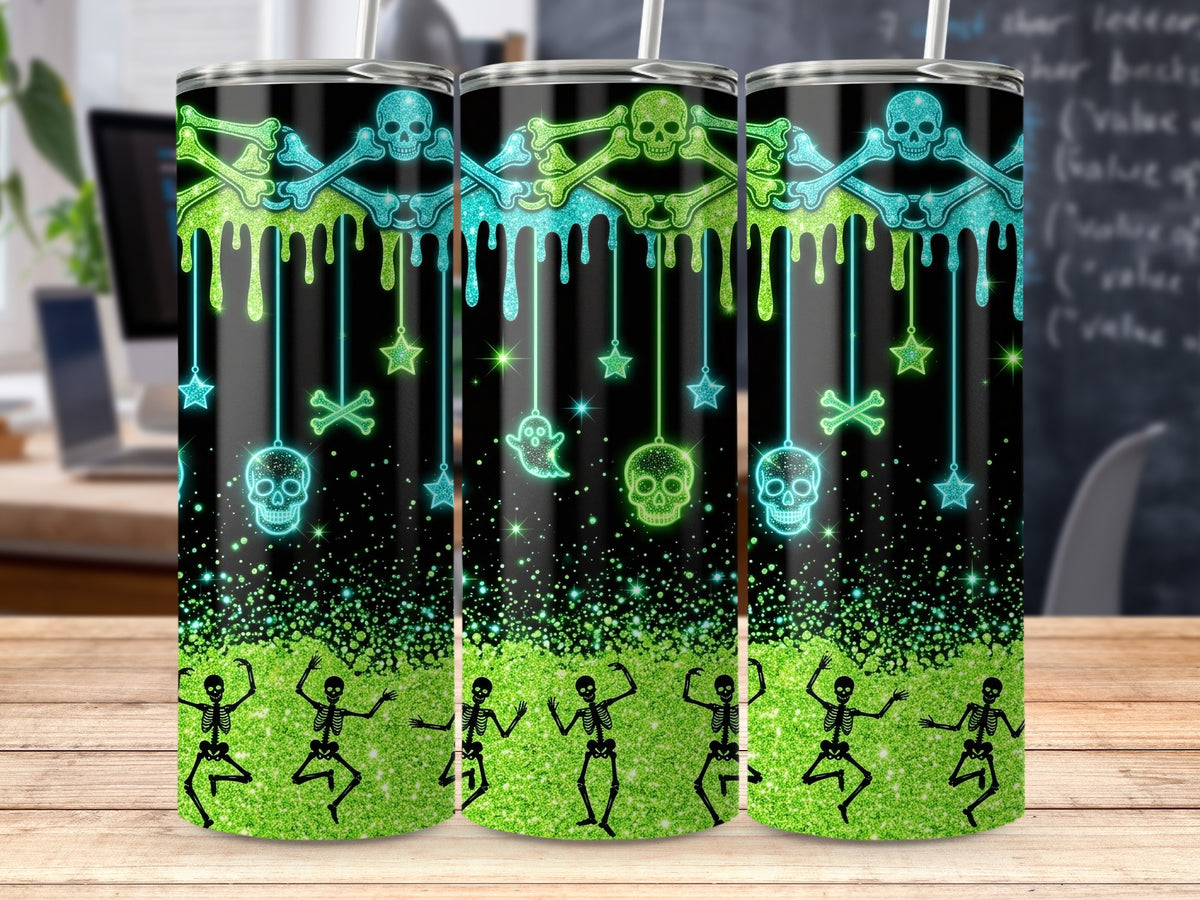 Tumbling tumblers with glowing skulls, bones, ghosts, and dancing skeletons.