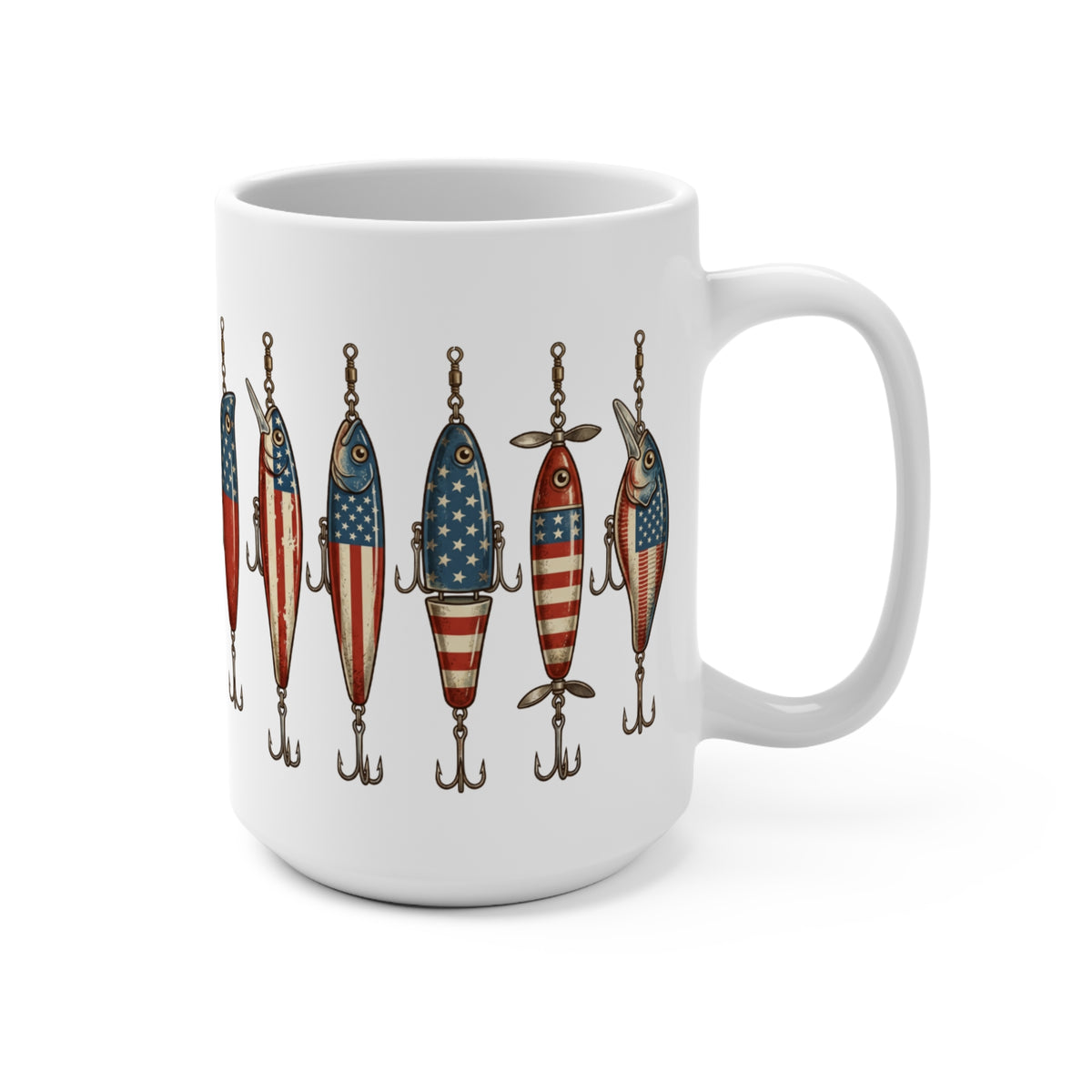 White mug featuring fishing lures decorated with distressed American flags.