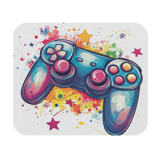 Colorful video game controller with abstract paint splatters and stars.