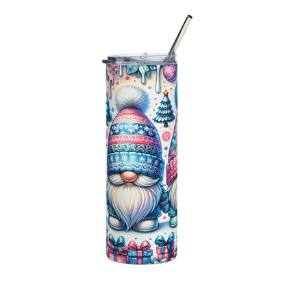 Tall tumbler with a winter gnome and gift pattern, featuring a metal straw.