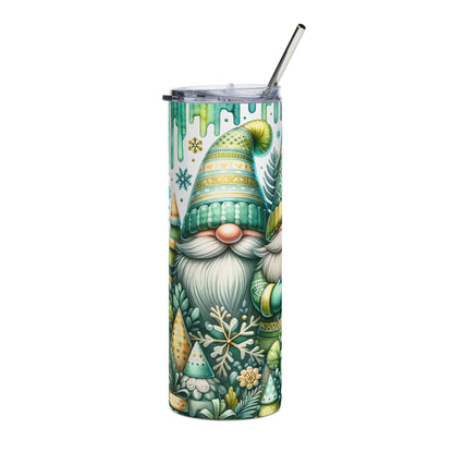 Tumbler with a festive gnome and winter forest design featuring snowflakes and pine trees.