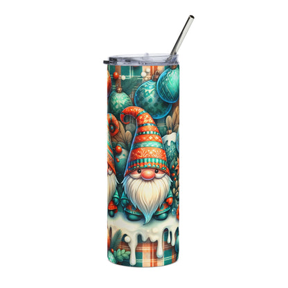 Tumbler with gnomes, Christmas ornaments, and plaid pattern, featuring a metal straw.