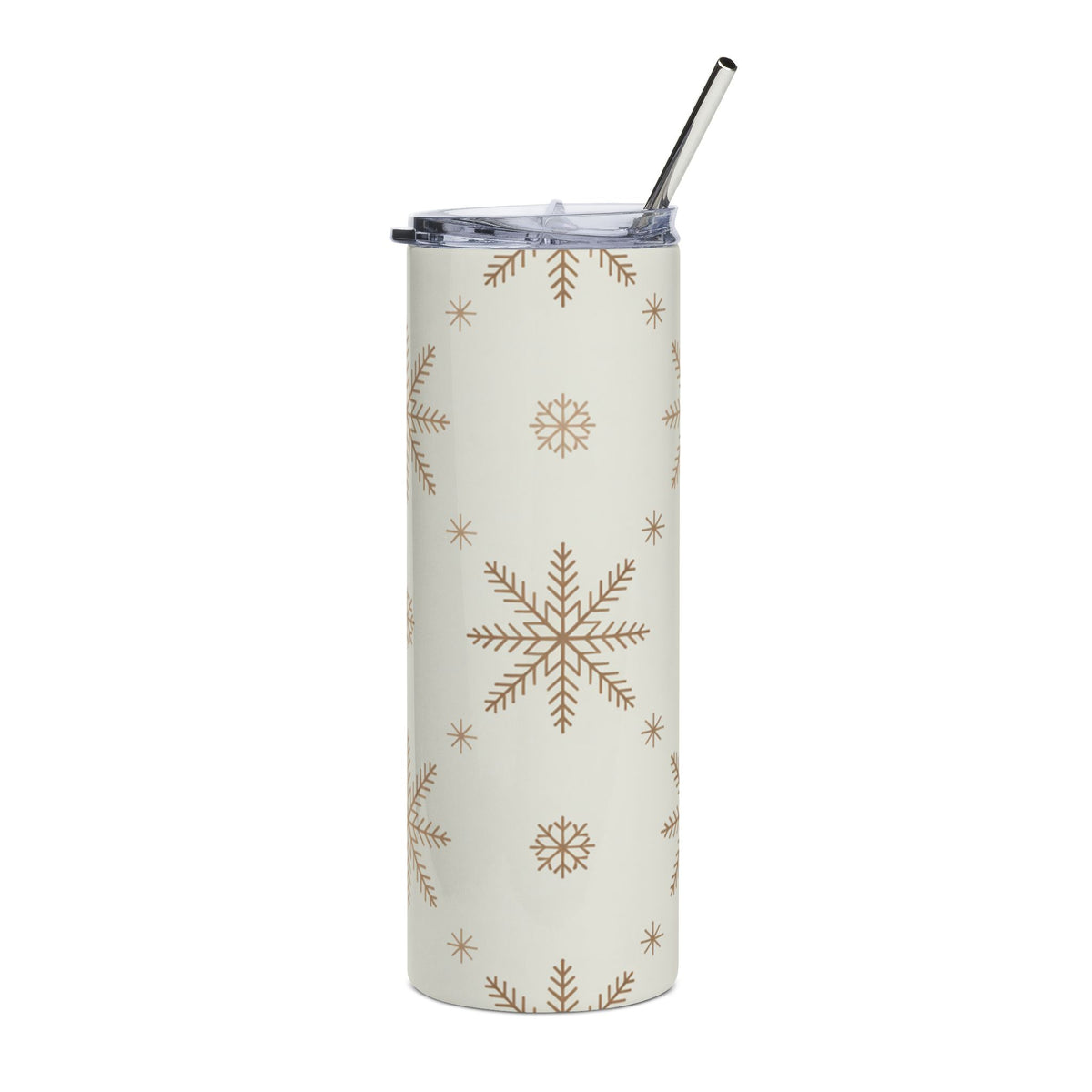 Cream tumbler with a subtle all-over snowflake pattern and a metal straw.