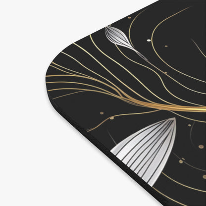 Black mousepad with abstract gold and silver floral line art design.