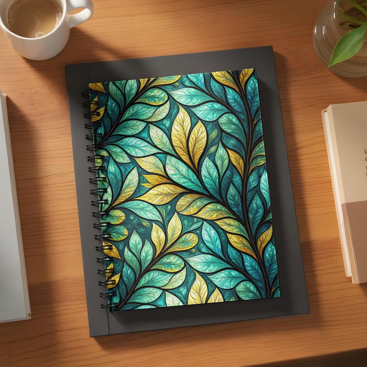 Spiral bound notebook with a teal and gold leaf pattern on the cover.