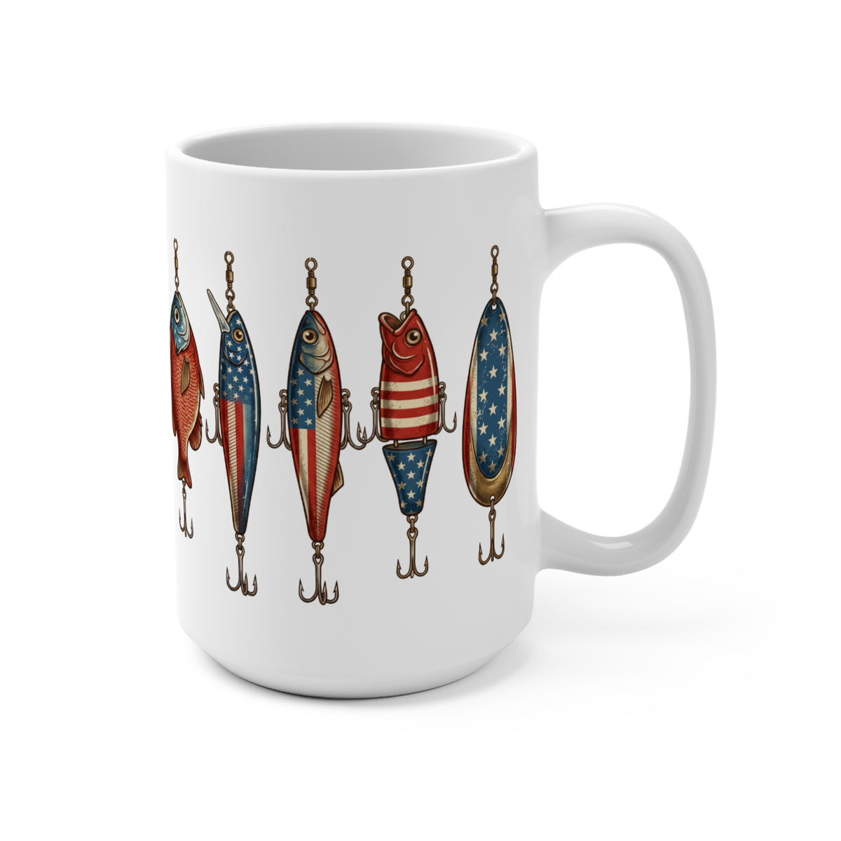 White mug with a repeated pattern of patriotic fishing lures.