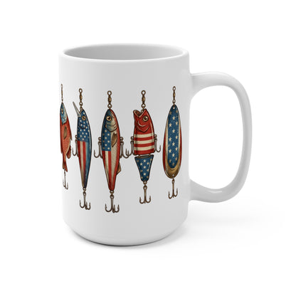 White mug with a repeated pattern of patriotic fishing lures.