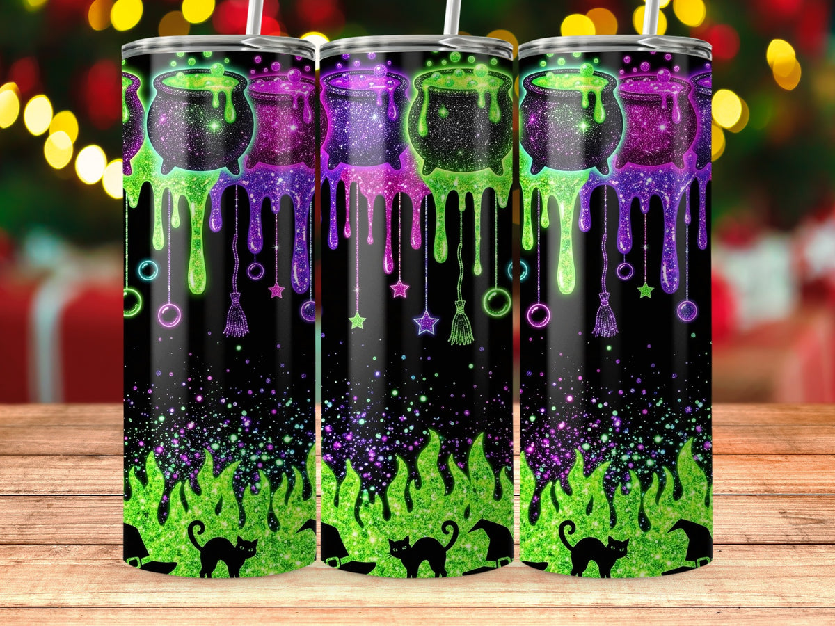 Three tumblers with glittery witch cauldrons, dripping potion, black cats, and green flames.