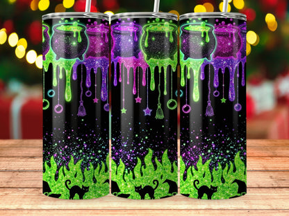 Three tumblers with glittery witch cauldrons, dripping potion, black cats, and green flames.