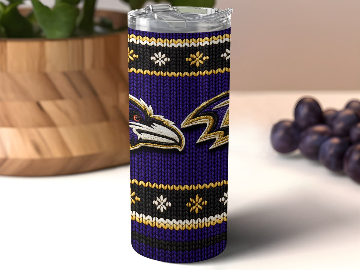 Baltimore Ravens tumbler with a purple knitted design and team logos.