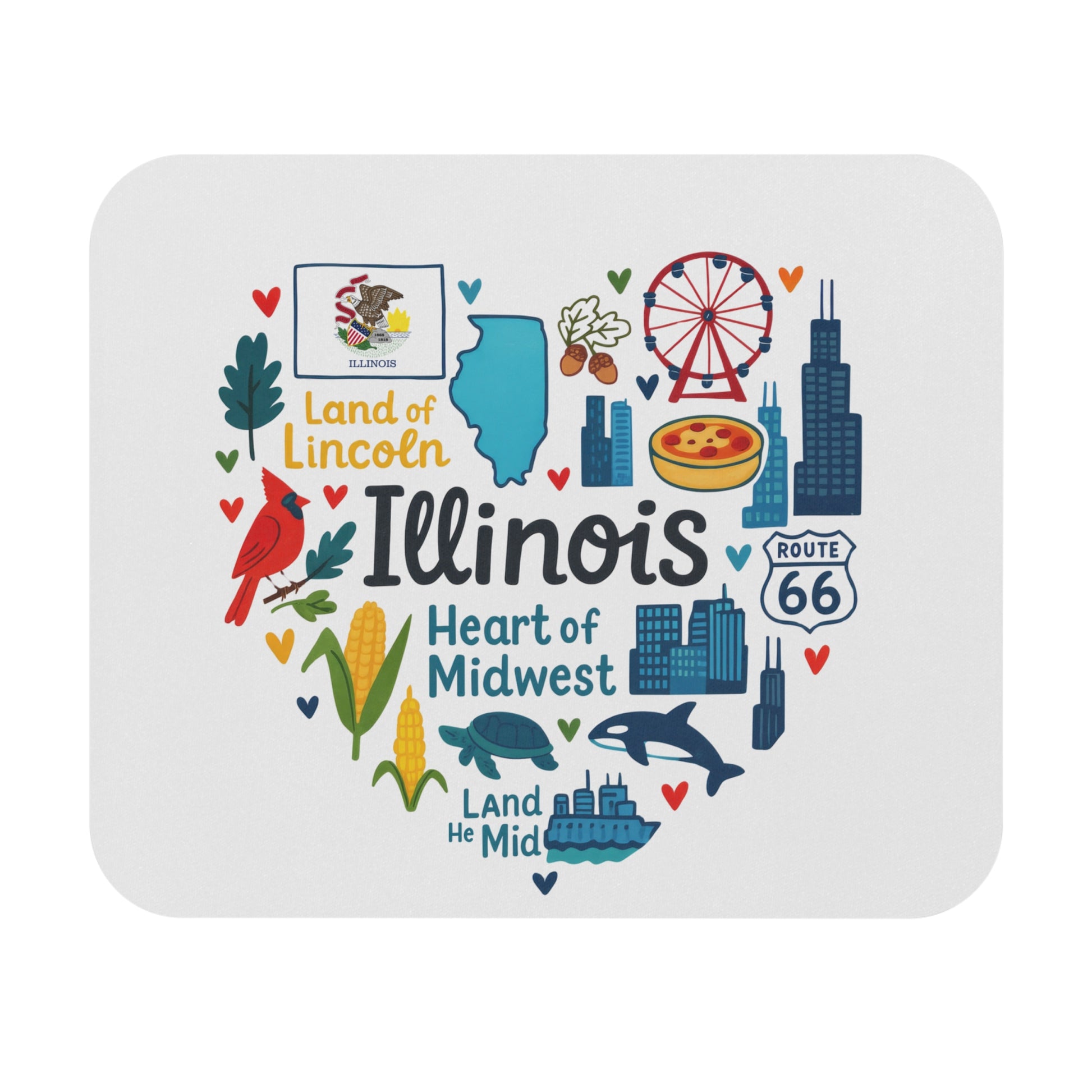 Heart-shaped illustration with Illinois landmarks, flag, cardinal, corn, and text.
