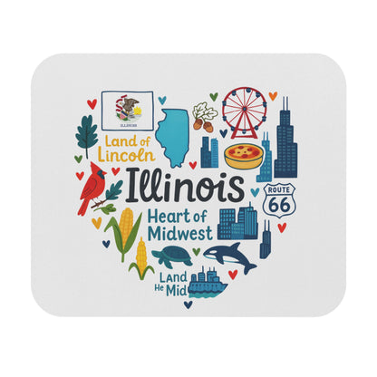 Heart-shaped illustration with Illinois landmarks, flag, cardinal, corn, and text.
