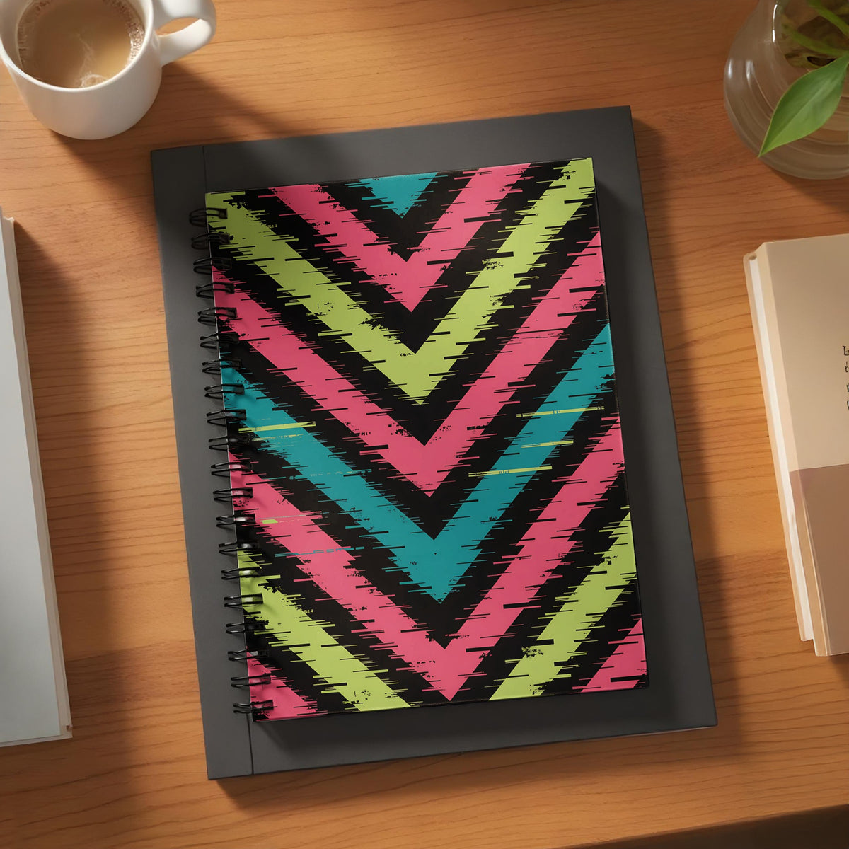 Notebook with black spiral binding and zig-zag pattern in pink, lime green, and teal.