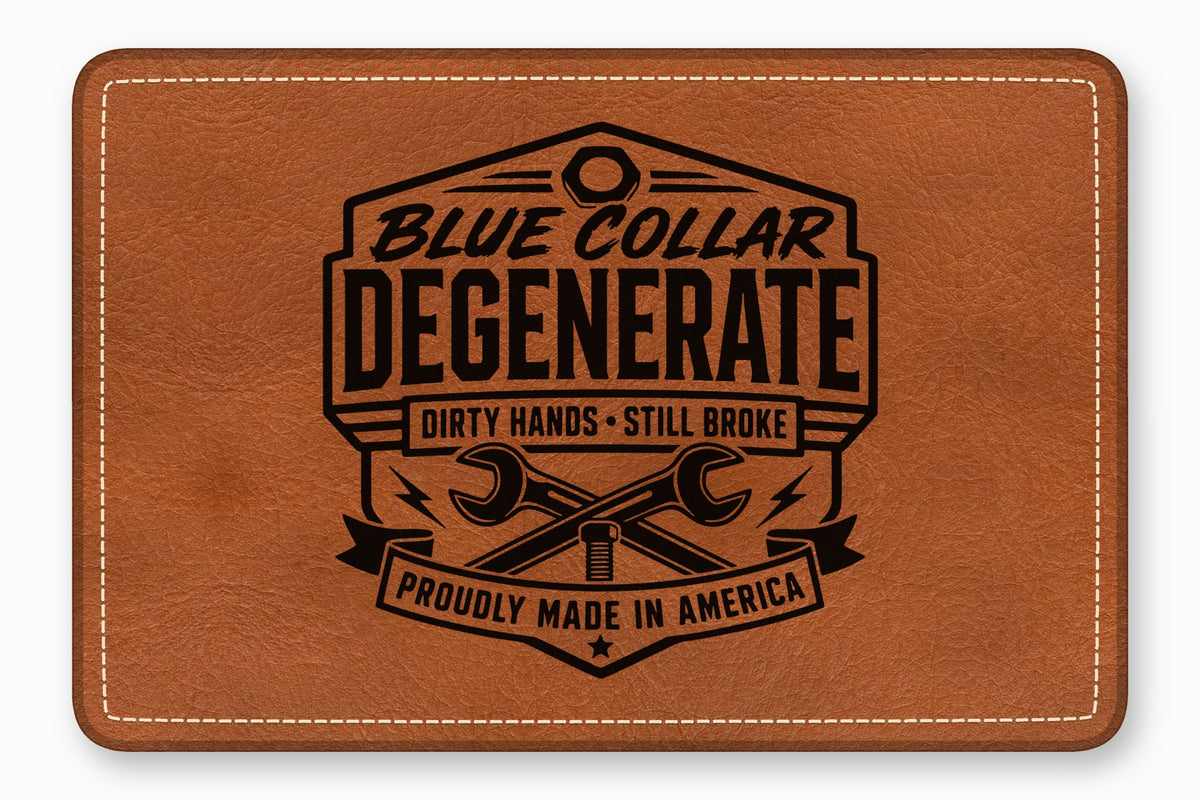 Brown leather patch with rounded corners, white perimeter stitching, and black debossed text and wrench graphics.