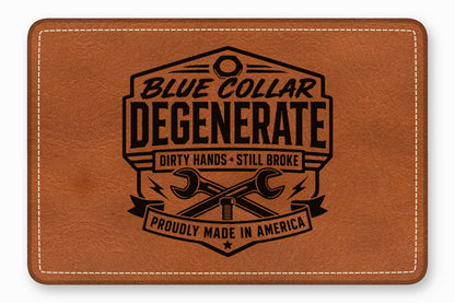 Brown leather patch with rounded corners, white perimeter stitching, and black debossed text and wrench graphics.