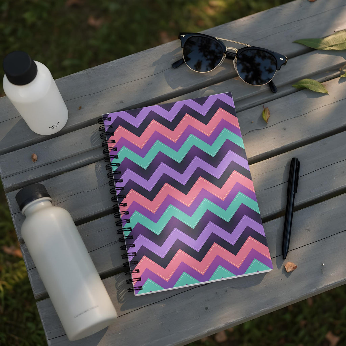 Notebook with chevron pattern and two water bottles on a wooden table.