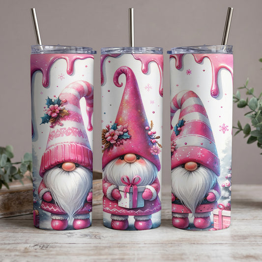 Three tumblers featuring pink gnomes with candy cane striped hats and snowy backgrounds.