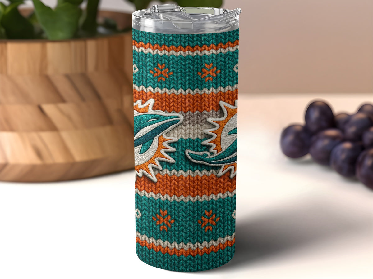 Tall tumbler with teal, orange, and white knit pattern and dolphin logos.