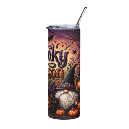 Tumbler with "Spooky Season" text, gnome, black cat, pumpkins, and spiderwebs.