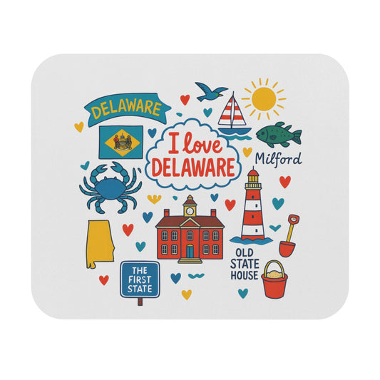 Delaware-themed illustrations: flag, crab, lighthouse, old state house, and text.
