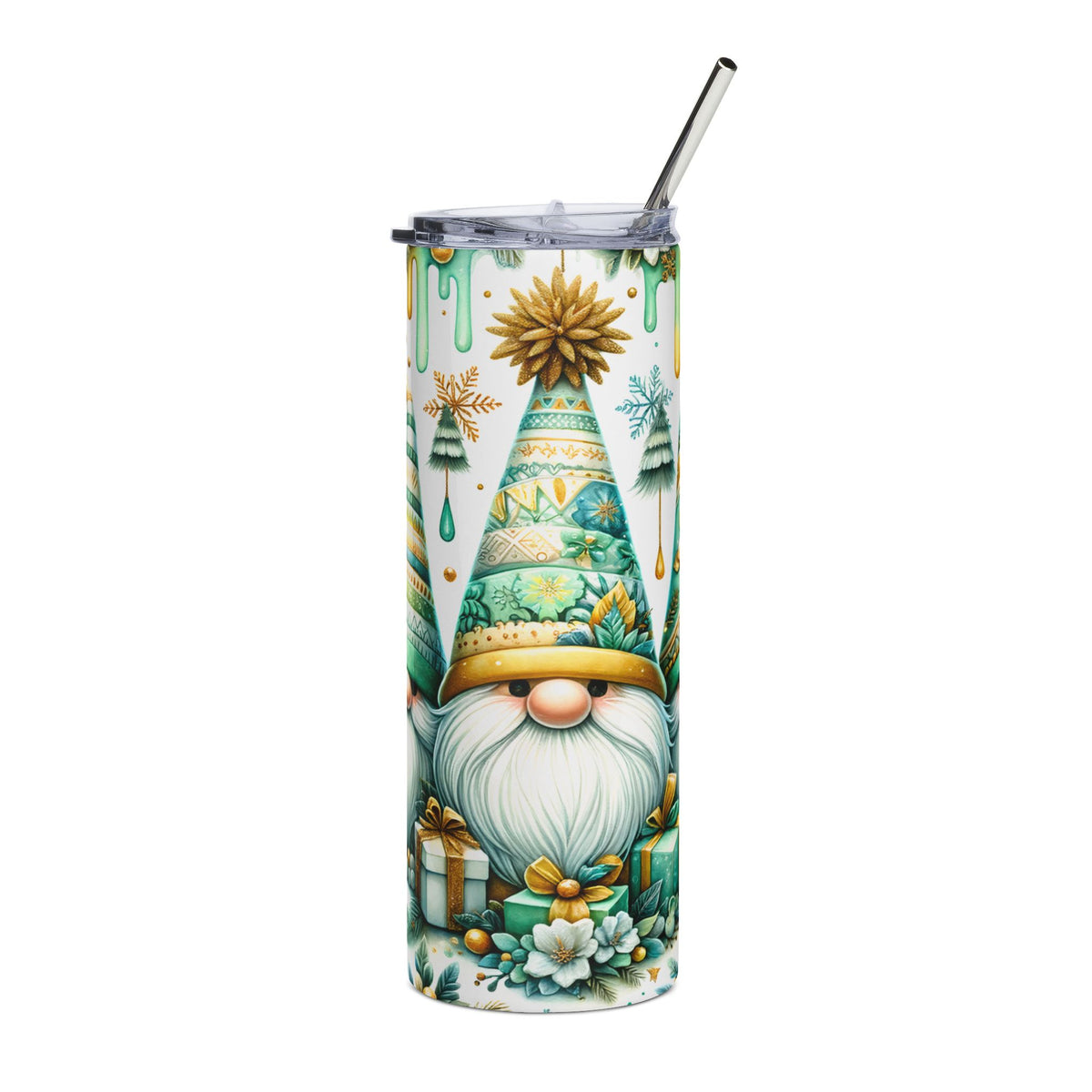 Christmas gnome tumbler with gifts and festive holiday patterns.