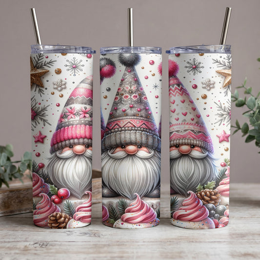 Three tumblers with Christmas gnomes and festive winter decorations.