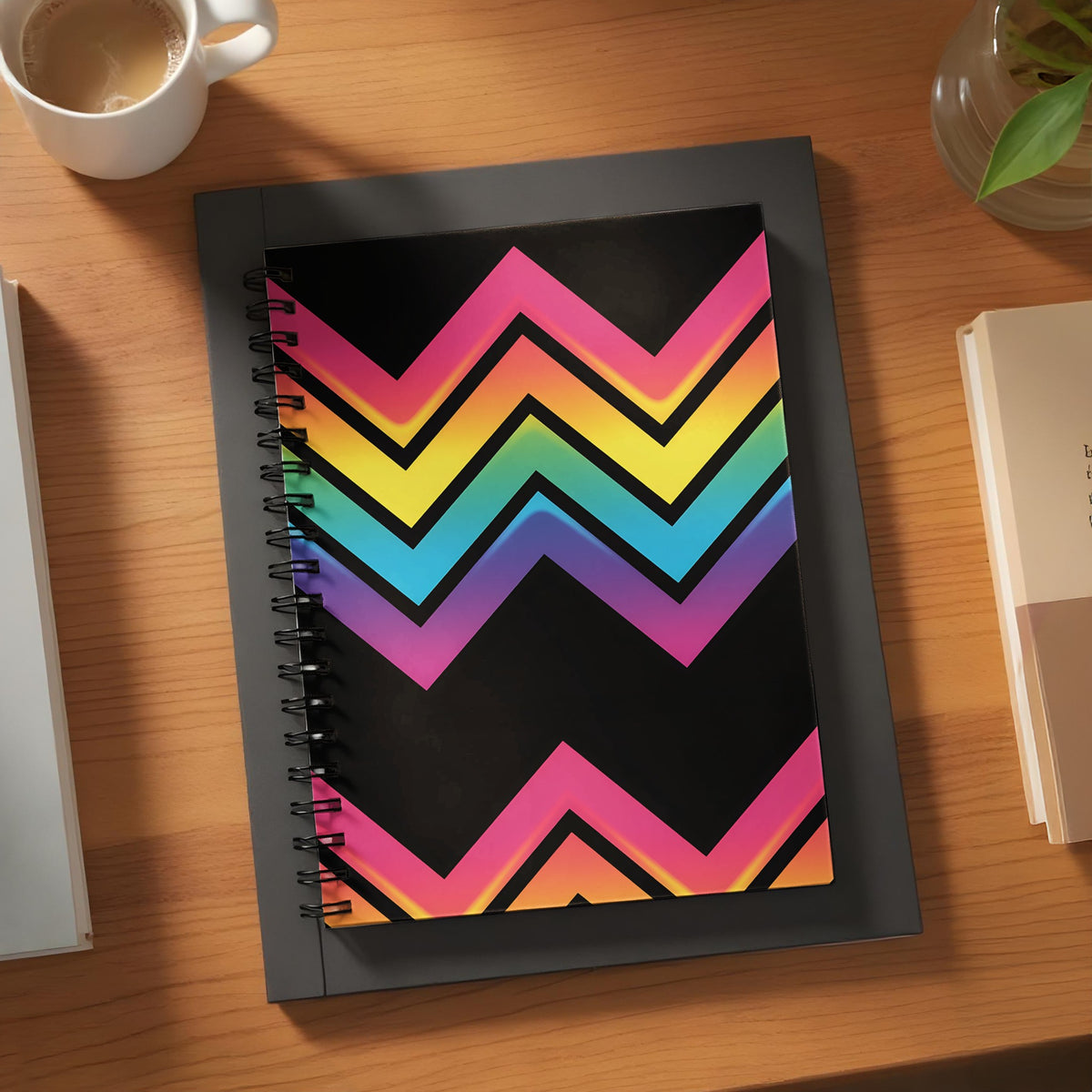 Notebook with black cover featuring a colorful chevron pattern in rainbow hues.
