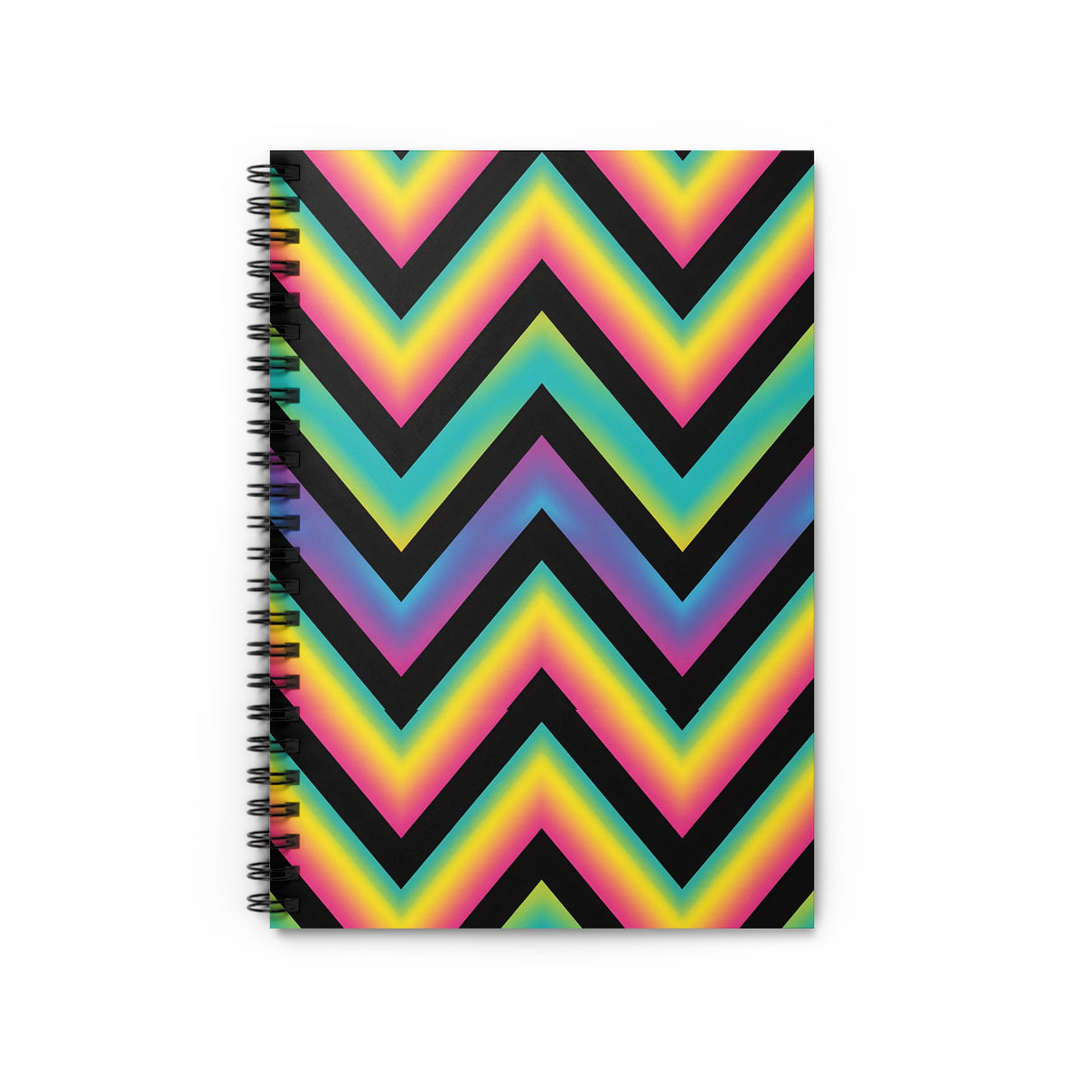 Spiral bound notebook with a black, rainbow chevron pattern on the cover.
