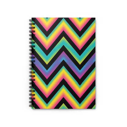 Spiral bound notebook with a black, rainbow chevron pattern on the cover.